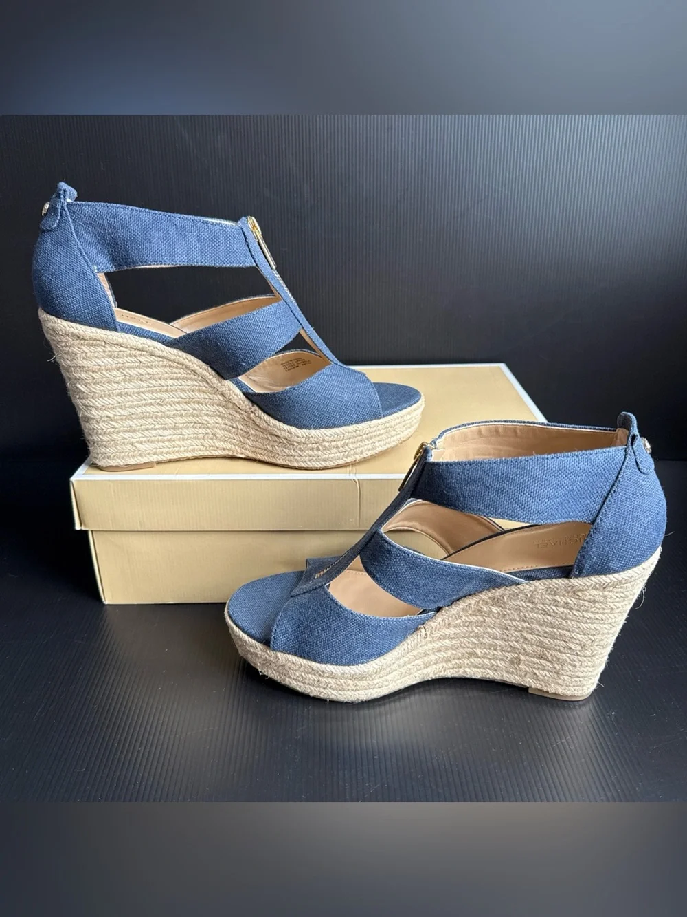 Pre-Owned Michael Kors Navy Canvas Damita Wedge Espadrille Women’s Size 9.5